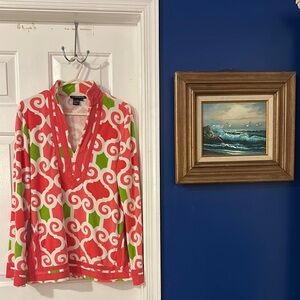 Women’s Boston Proper Terry Cloth Pink Print V-Neck Long Sleeve Top Size L